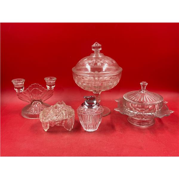 Lot of Assorted Crystal Glass w/ Lidded Dish, Candleholder, Table Lighter, & More