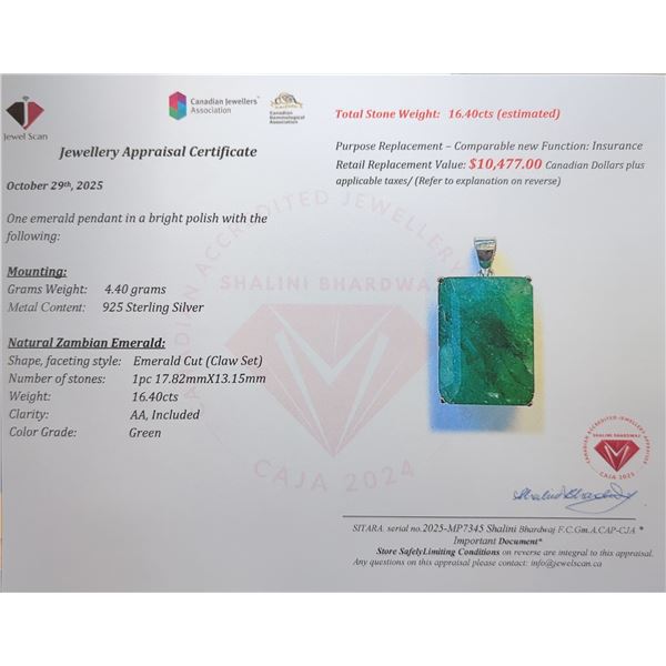 $10,477 Appraisal - 4.4 ct Cert. Silver Emerald Gemstone Pendant
