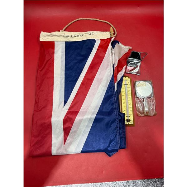Union Jack Flag, Thermometer, Razor Blade Case, & Hand Mirror