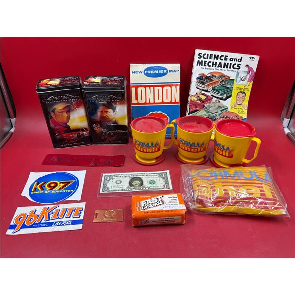 Variety Lot w/ Formula Shell Motor Oil Cups, Map of London, Racing Card Sets, & More