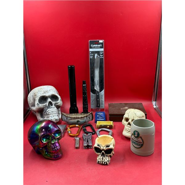 Variety Lot w/ Cuisinart Bread Knife, Bark Canoe, Multi-Tool, Skulls, & More