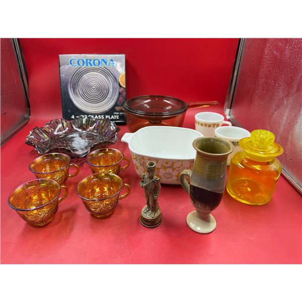 Glass, Pottery, & Corningware Lot w/ Carnival Glass, Amber Glass, Pyrex Mugs, & More