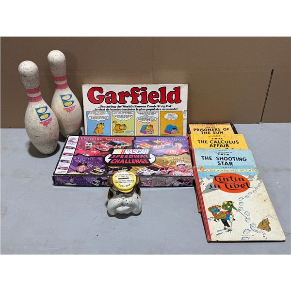 VTG Variety Lot w/ Tintin Books, Bowling Pins, Bulldog Cuss Bank, & More