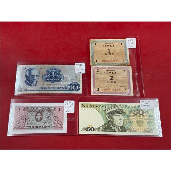 Lot of Assorted 1940s-90s World Bills (Norway, Laos, Poland, & Italy)