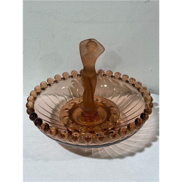 Art Deco Josef Inwald Pink Glass Float Bowl w/ Dancing Lady Centerpiece