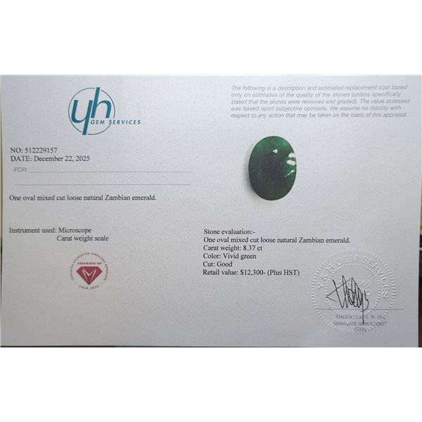 $12,300 Appraisal - 8.37 ct Cert. Zambian Emerald Gemstone