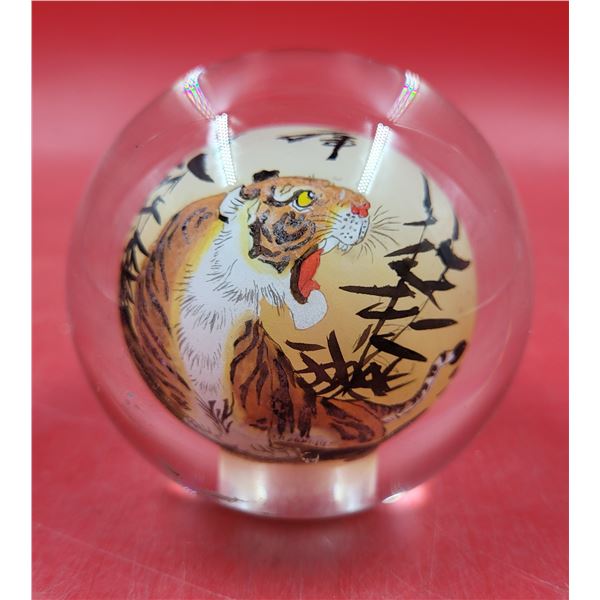 Chinese Reverse-Painted Tiger Glass Globe Paperweight