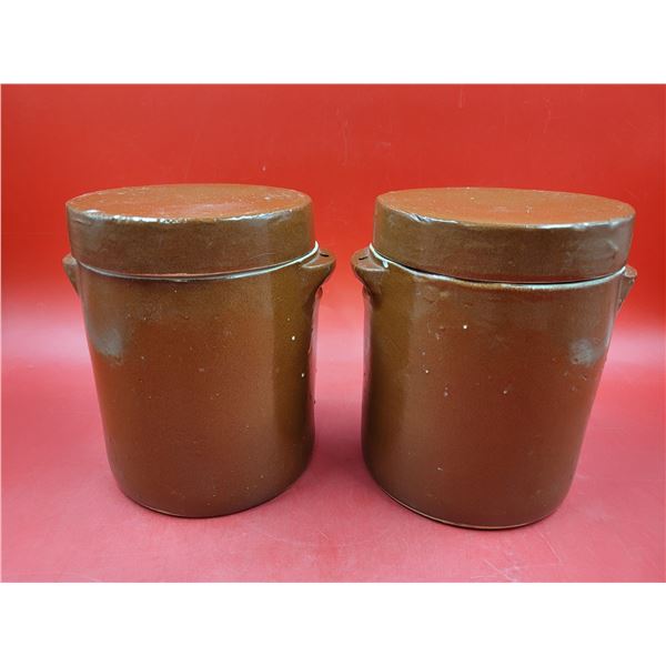 Pair of Brown Glazed Stoneware Lidded Kitchen Canisters Made in France