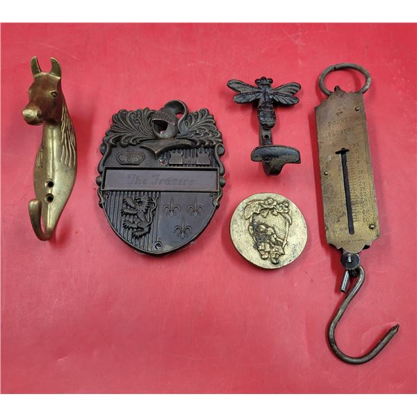 VTG Brass & Cast Iron Lot w/ Scale, Insect Coat Hook, & More