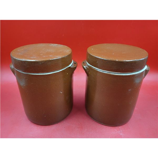 Pair of Brown Glazed Stoneware Lidded Kitchen Canisters Made in France