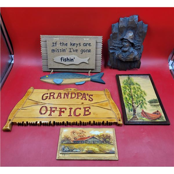 Wall Sign & Art Lot w/ Fishing Key Holder, Handcrafted Wood Art, & More