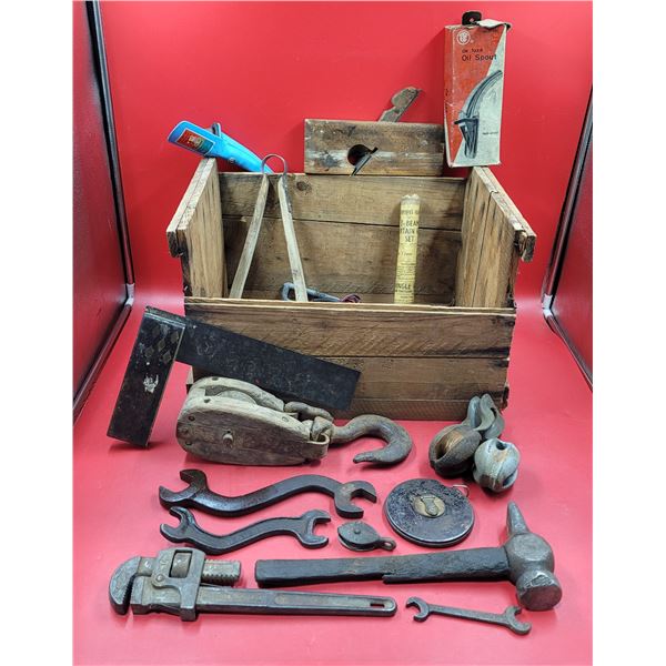 VTG Tool Lot w/ Hand Plane, Block Pulley, Pipe Wrench, & More