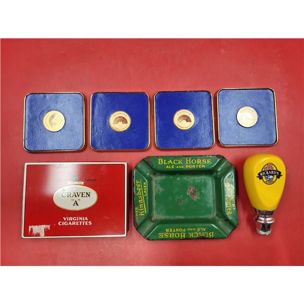 Collectibles Lot w/ Cigarette Tin, Beer Tap Handle, & More
