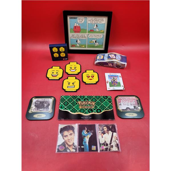 Collectibles Lot w/ Framed Peanuts Comic Strip, Elvis Trading Cards, & More