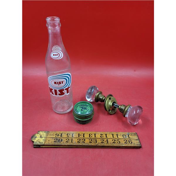 Collectibles Lot w/ Glass Bottle, Crystal Doorknob, Clover Compound Tin, & More