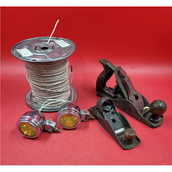 Spool of Communication Cable, 2 Motorcycle Lights, & 2 Hand Planes