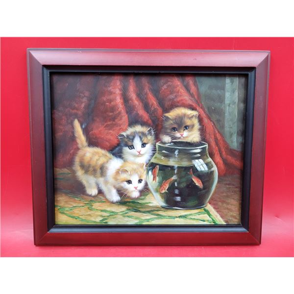 Framed 3 Kittens & Fishbowl Original Oil Painting