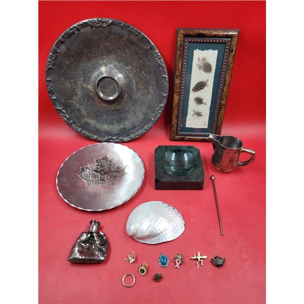 Variety Lot w/ Waterfowl Feather Art, Beggar's Bag, Stainless Plate, & More