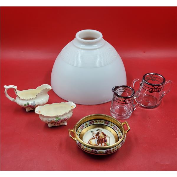 Creamer & Sugar Dishes, Courting Couple Dish Made in Germany, & Milk Glass Shade