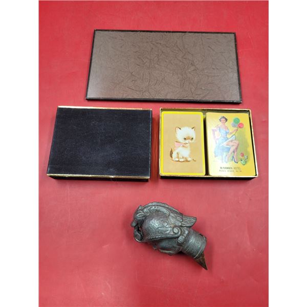 VTG Lot w/ Kitten/Smoking Woman Playing Cards, Knight Sword Pommel, & More