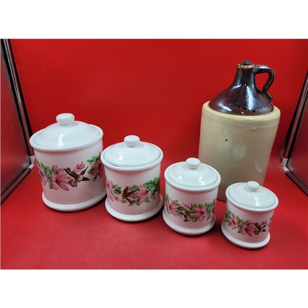 4 Lidded Kitchen Canisters & Stoneware Crock Jug