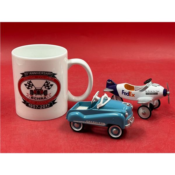 Hot Rod Association Mug, Golden Fedex Diecast Airplane, & Diecast Hallmark Kiddie Car 1955 Murray