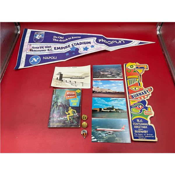 Vintage Variety: Pennant, Burnaby Centennial Totem Pole Greeting Card, Postcards, Pins, & More