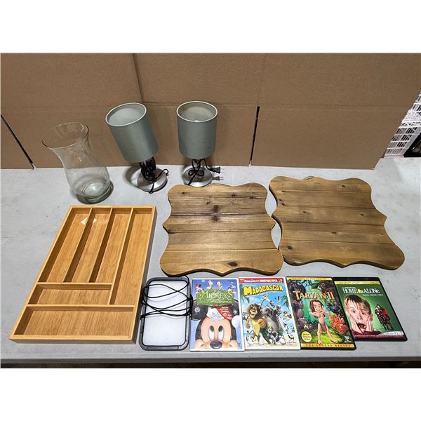 Variety Lot: DVDs, Organizing Tray. Table Lamps, Vase, & Hanging Wooden Frames