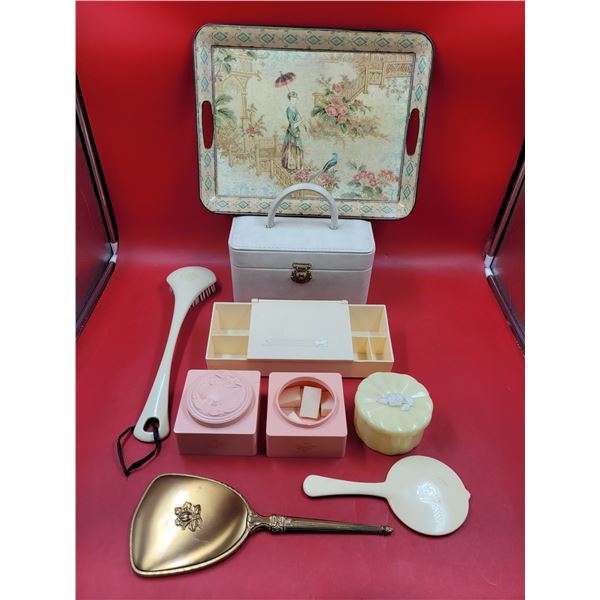 Vintage Vanity Items: Brush, Containers, Tray, Mirrors, & Travelling Case