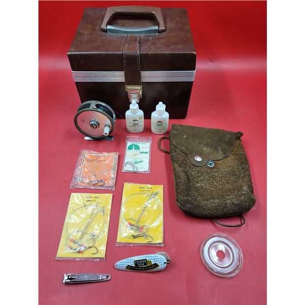 Vintage Fishing Accessories: Reel, Hooks, Pouch, & Carrying Case