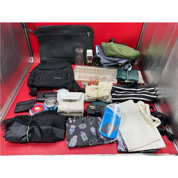 Assortment Lot: BAgs, Organizers, Fishing Lines, Vintage Glass Milk Bottle, & More