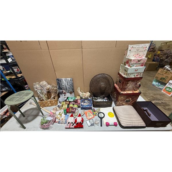 Variety Lot: Gift Boxes, Christmas Ornaments, Metal Stool, Weight, & More