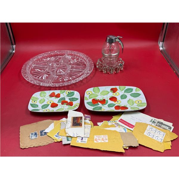 Vintage Variety: Syrup Dispenser, Stamps, Platter, & Strawberry Themed Dishes