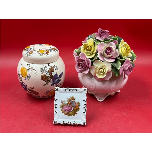 Vintage Ginger Jar, Porcelain Flowers, & Limoges Self Framed Porcelain Art