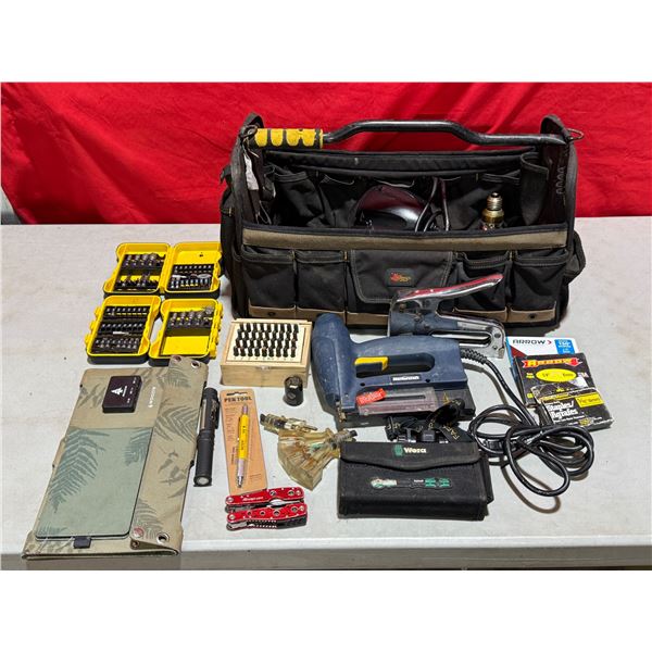 Assorted Tools: Drill Bits, Carrier, Stapler, Punches, & More