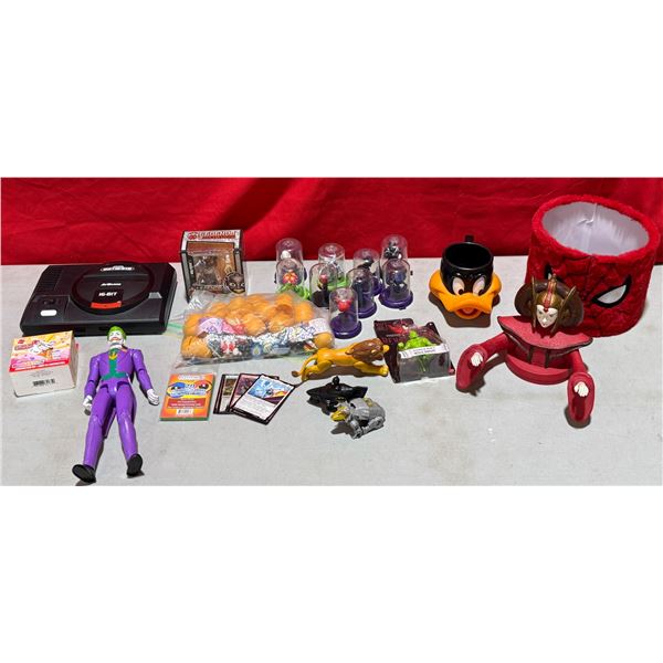 Variety Lot (Mostly Toys) Joker, Spider-Man Lamp Shade, Genesis Console, Daffy Duck Mug, & More