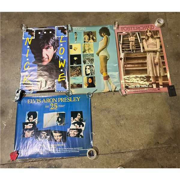 4 Vintage Posters : Barbra Streisand, Elvis, Foster Child, & Nick Lowe