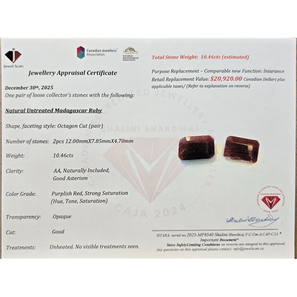 $20,920 Appraisal - 10.46 ct Cert. Untreated Ruby Gemstone Pair