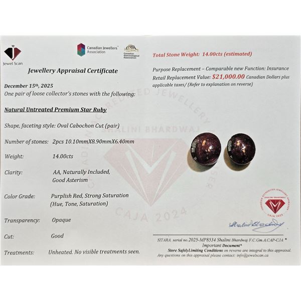 $21,000 Appraisal - 14 ct Cert. Burmese Star Ruby Gemstone Pair