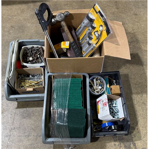 Assorted Tools, Scrub Pads, Flashlights, Drill Bits, Ball POint Hammer, Hardware, & More