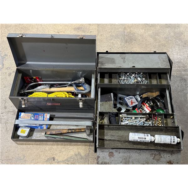 2 Tool Boxes With Assorted Tools: Hammer, Rope, Hardware, & More