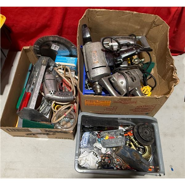 Assorted Tools: Drills, Hammer Head, Saw Blade, Hardware, & More