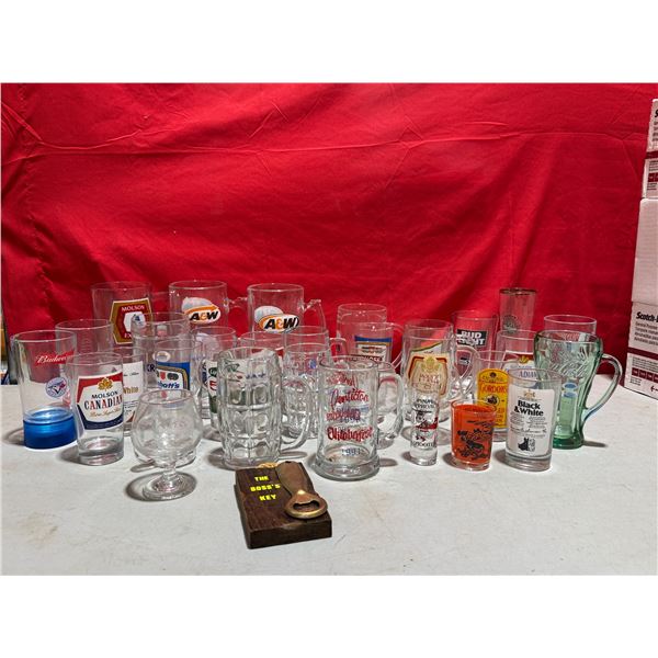 Glassware: A&W Mugs, Beer Cups, Shot Glasses, & Bottle Opener