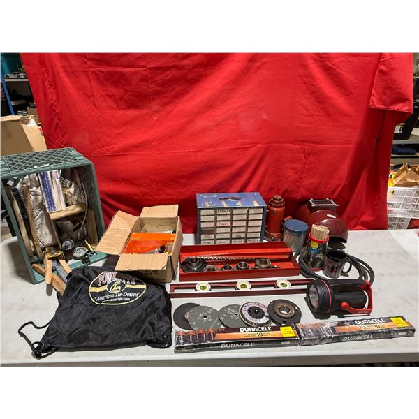 Assortment Lot: JAck, Grinder Blades, Batteries, Organizer, Brushes, Hardware, & More
