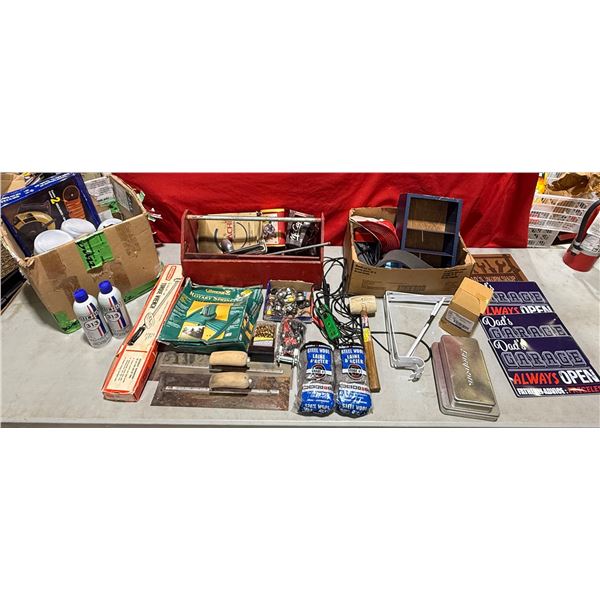 Assorted Tools, Mallet, Tool Box, Brackets, Tin Signs, Torque Wrench, & More