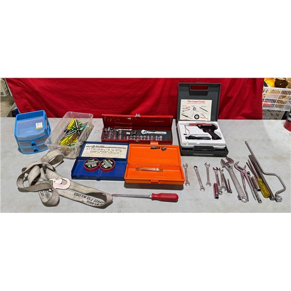 Assorted Tools: Screwdrivers, Crescent Wrench, Hot Glue Gun, Organizer, Ratchet, Sockets, & More