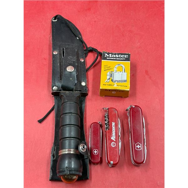 Swiss Army Knives, Compass Ended Knife, & Master Lock