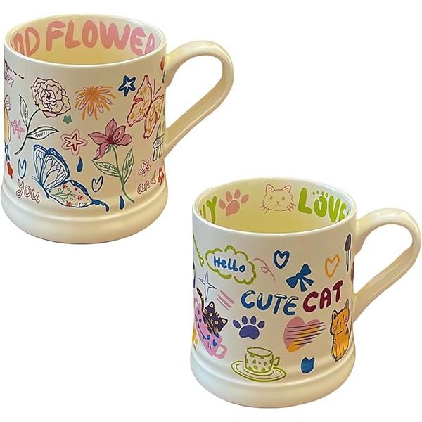 Set of 2 Cute Ceramic Coffee Mugs (12oz) with Doodle/Creative Design - New