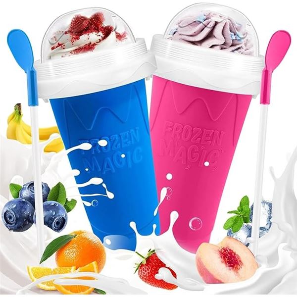 2PC Frozen Magic Slushy Maker Cups (Pink + Blue) Freeze, Squeeze, Enjoy! New