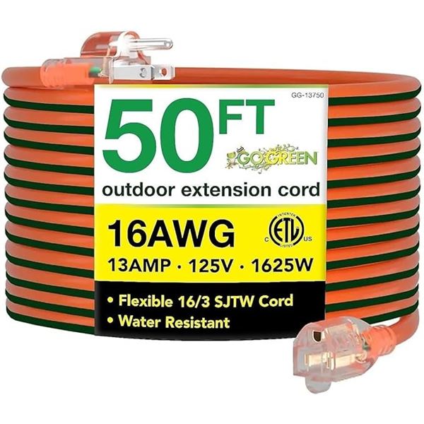 GoGreen 50FT Outdoor Extension Cord - 16/3 gauge 13 Amp, 125V; Lighted End - Brand New!
